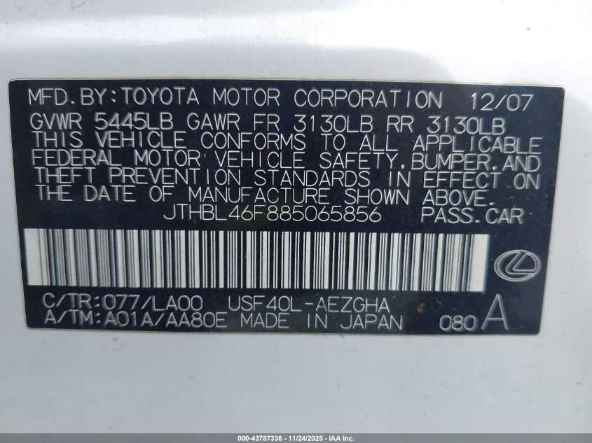 2008 Lexus Ls 460 VIN: JTHBL46F885065856 Lot: 43787336