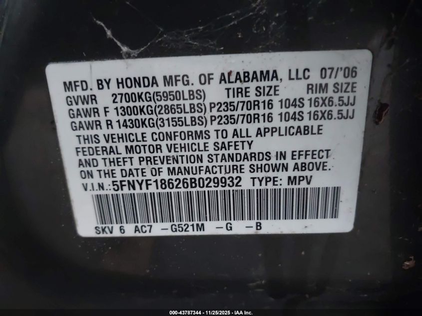 2006 Honda Pilot Ex-L VIN: 5FNYF18626B029932 Lot: 43787344