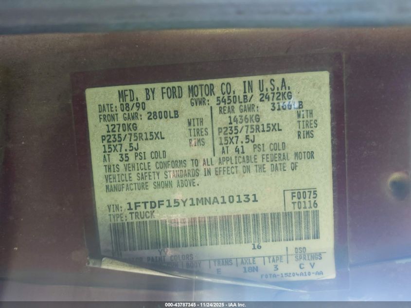 1991 Ford F150 VIN: 1FTDF15Y1MNA10131 Lot: 43787345