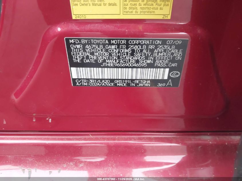 2009 Lexus Gs 350 VIN: JTHBE96S690046595 Lot: 43787360