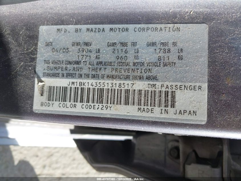 2005 Mazda Mazda3 S VIN: JM1BK143551318517 Lot: 43787365