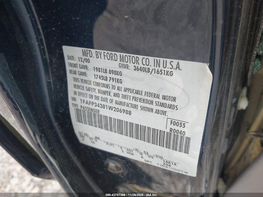 2001 Ford Focus Se VIN: 1FAFP34381W206988 Lot: 43787366