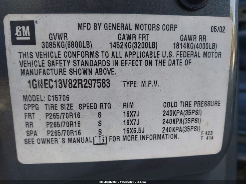 2002 Chevrolet Tahoe Ls VIN: 1GNEC13V82R297583 Lot: 43787368