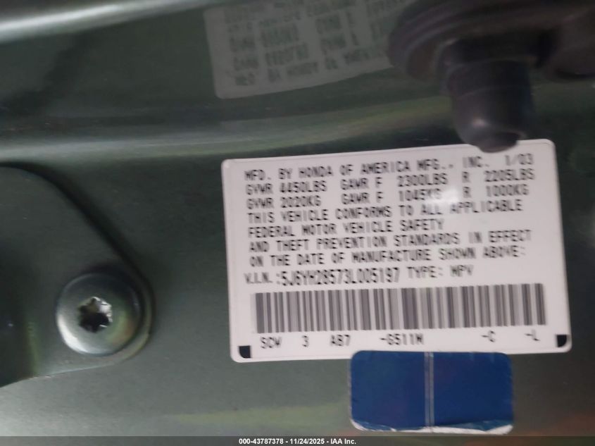 2003 Honda Element Ex VIN: 5J6YH28573L005197 Lot: 43787378