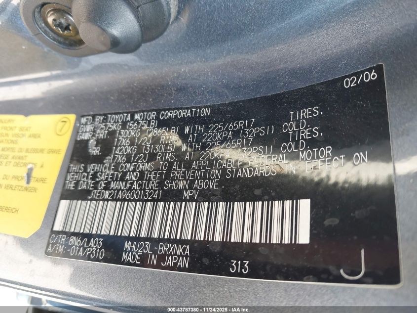 2006 Toyota Highlander Hybrid Limited V6 VIN: JTEDW21A960013241 Lot: 43787380