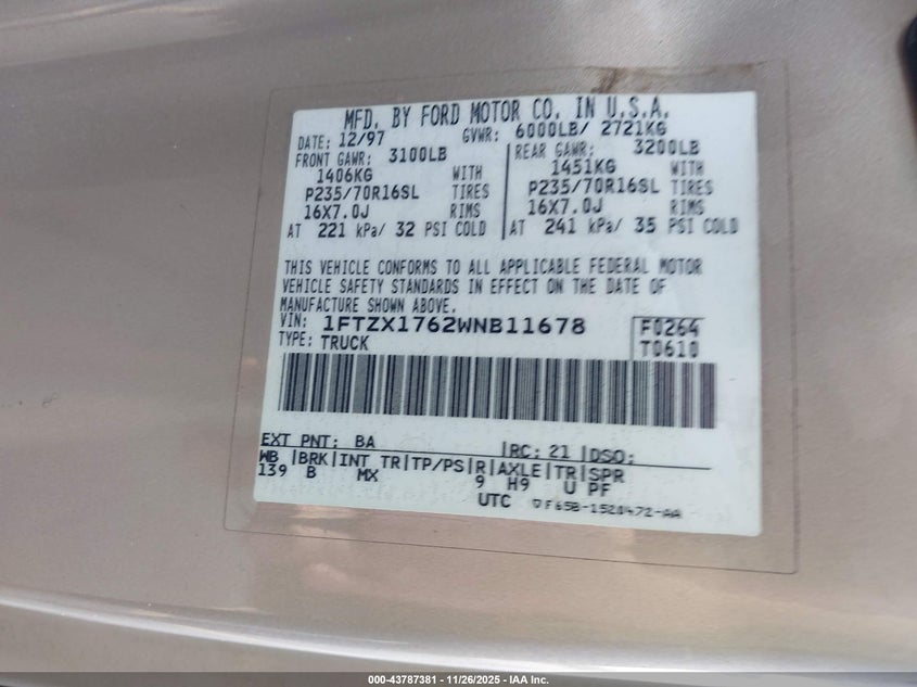 1998 Ford F-150 Lariat/Standard/Xl/Xlt VIN: 1FTZX1762WNB11678 Lot: 43787381