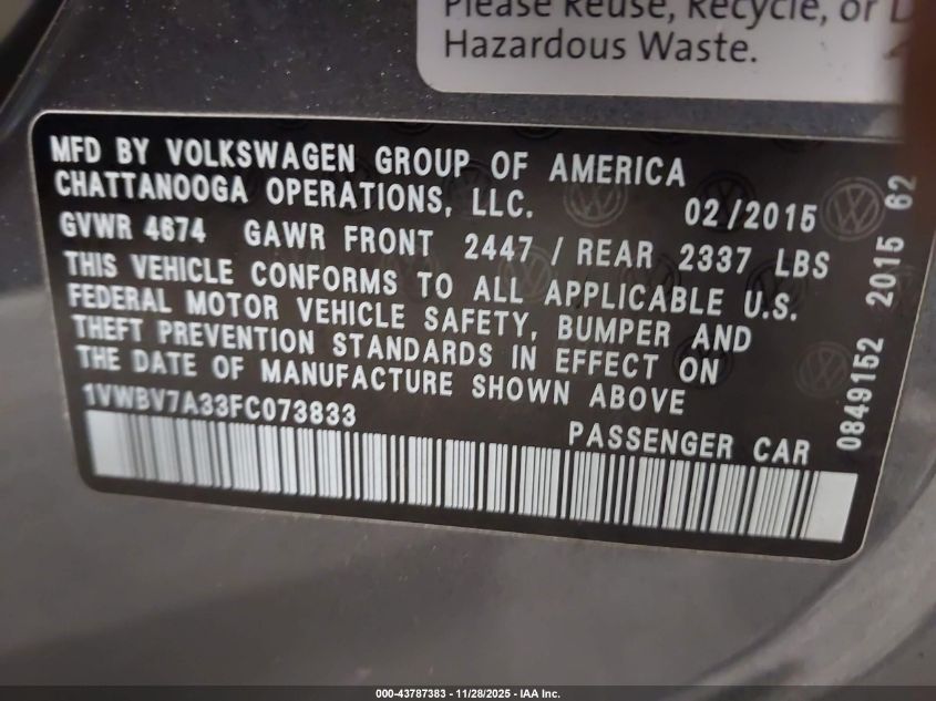 2015 Volkswagen Passat 2.0L Tdi Se VIN: 1VWBV7A33FC073833 Lot: 43787383