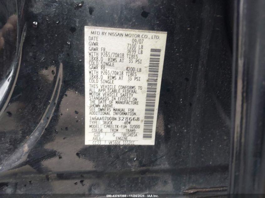 2008 Nissan Titan Se VIN: 1N6AA07D08N328668 Lot: 43787388