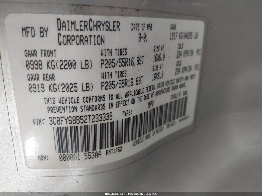 2002 Chrysler Pt Cruiser Limited VIN: 3C8FY68B52T233338 Lot: 43787397