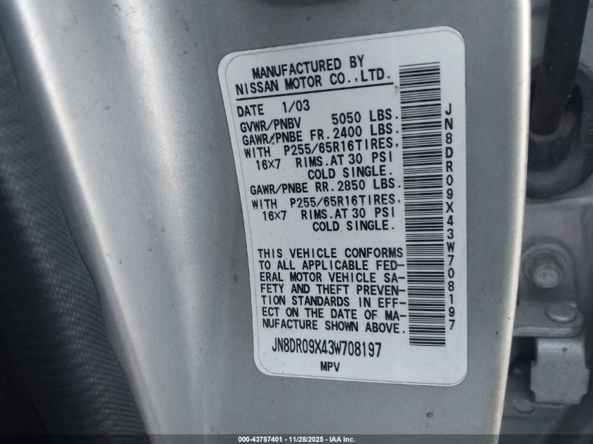 2003 Nissan Pathfinder Se VIN: JN8DR09X43W708197 Lot: 43787401