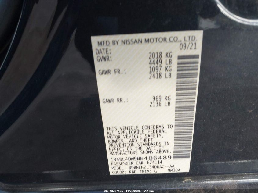 2021 Nissan Altima VIN: 1N4BL4DW1MM406489 Lot: 43787405