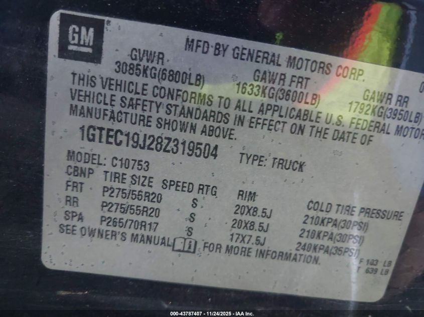 2008 GMC Sierra 1500 Sle1 VIN: 1GTEC19J28Z319504 Lot: 43787407
