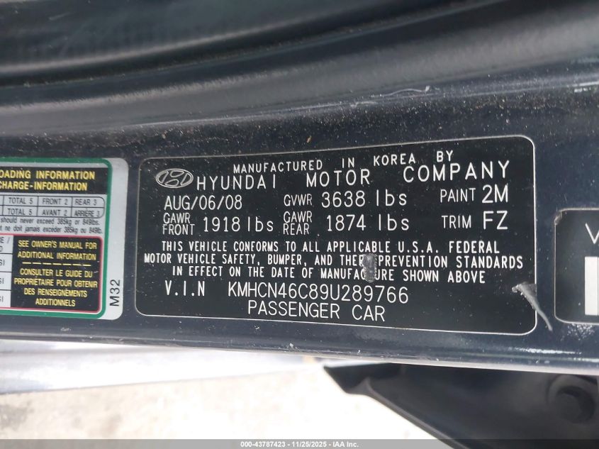 2009 Hyundai Accent Gls VIN: KMHCN46C89U289766 Lot: 43787423