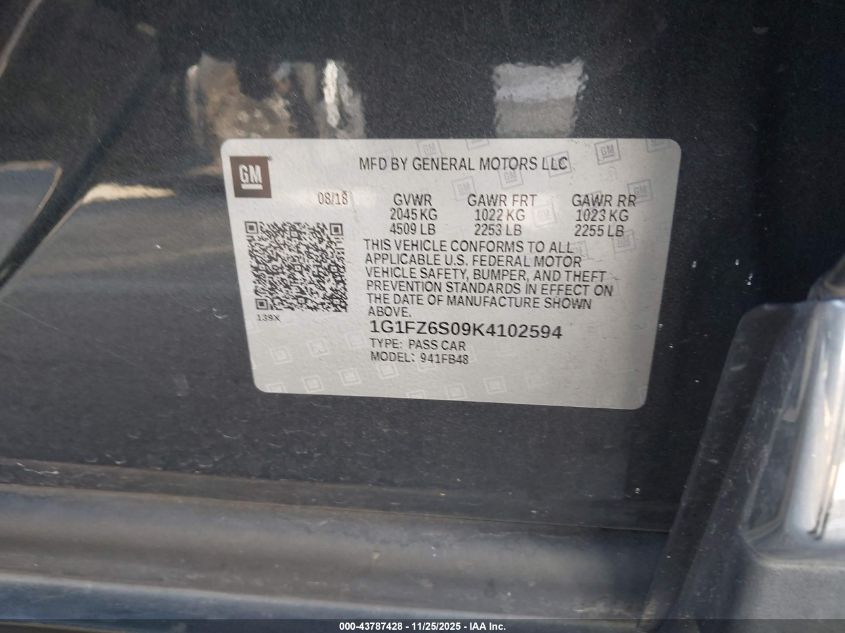 2019 Chevrolet Bolt Ev Premier VIN: 1G1FZ6S09K4102594 Lot: 43787428