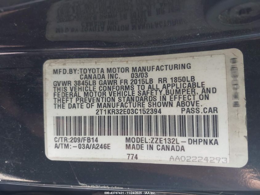 2003 Toyota Matrix Xr VIN: 2T1KR32E03C152394 Lot: 43787431