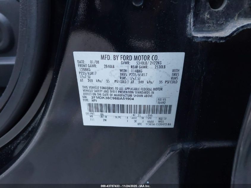 2008 Ford Edge Sel VIN: 2FMDK38C98BA51904 Lot: 43787433