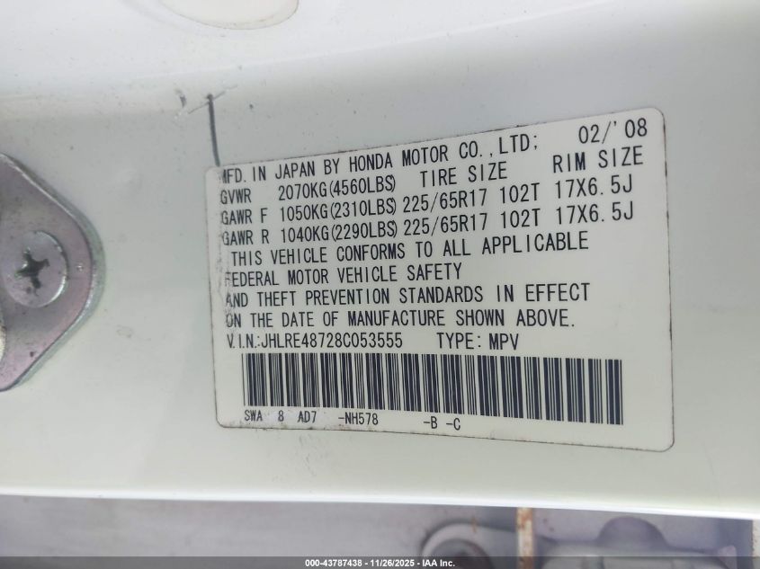 2008 Honda Cr-V Ex-L VIN: JHLRE48728C053555 Lot: 43787438