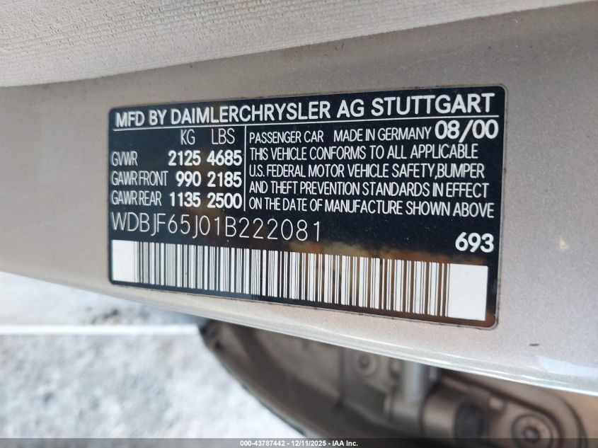 2001 Mercedes-Benz E 320 VIN: WDBJF65J01B222081 Lot: 43787442