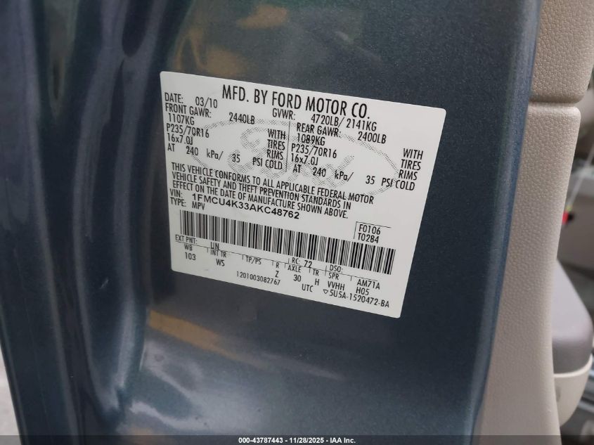 2010 Ford Escape Hybrid Limited VIN: 1FMCU4K33AKC48762 Lot: 43787443