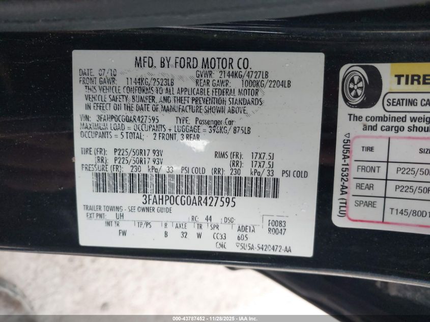 2010 Ford Fusion Sel VIN: 3FAHP0CG0AR427595 Lot: 43787452