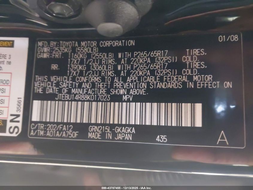 2008 Toyota 4Runner Sr5 V6 VIN: JTEBU14R88K017023 Lot: 43787455