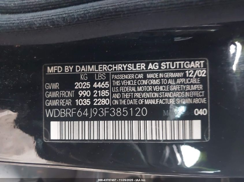 2003 Mercedes-Benz C 320 Sport VIN: WDBRF64J93F385120 Lot: 43787457