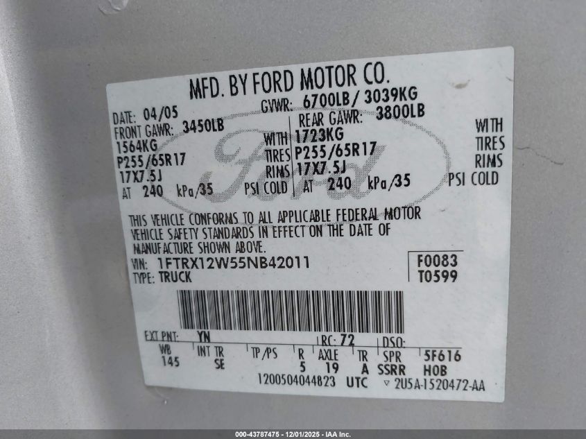 2005 Ford F-150 Stx/Xl/Xlt VIN: 1FTRX12W55NB42011 Lot: 43787475