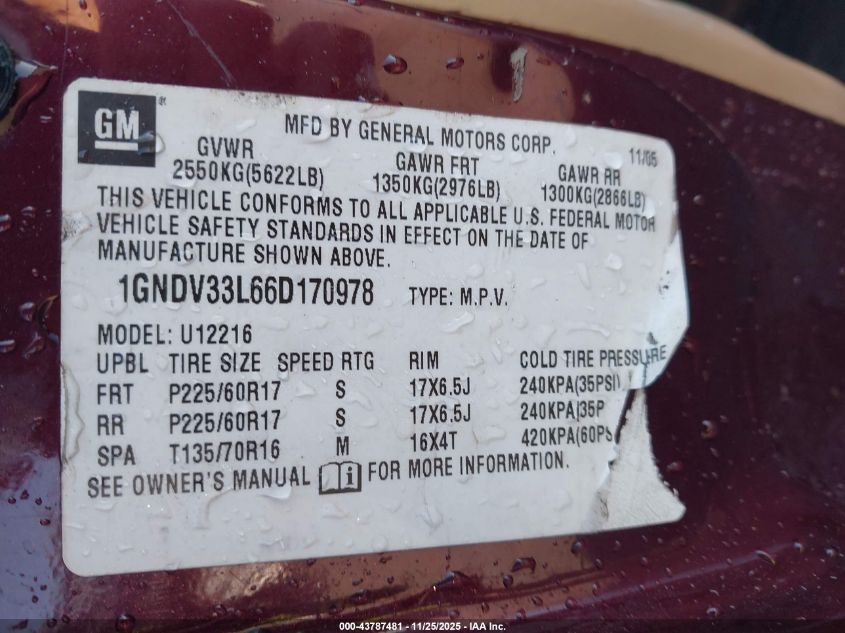 2006 Chevrolet Uplander Lt VIN: 1GNDV33L66D170978 Lot: 43787481