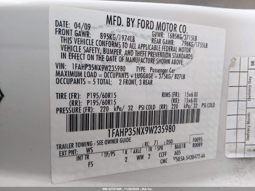 2009 Ford Focus Se VIN: 1FAHP35NX9W235980 Lot: 43787496