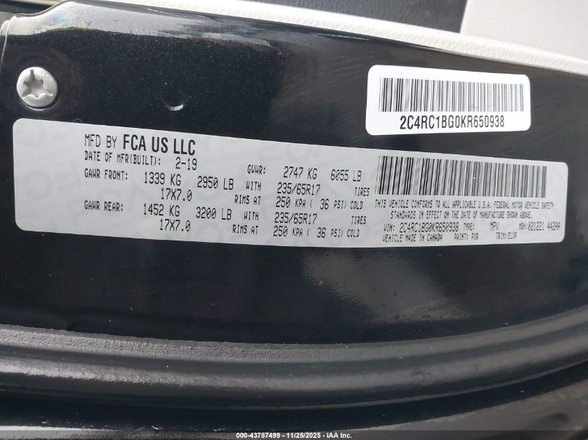 2019 Chrysler Pacifica Touring L VIN: 2C4RC1BG0KR650938 Lot: 43787499