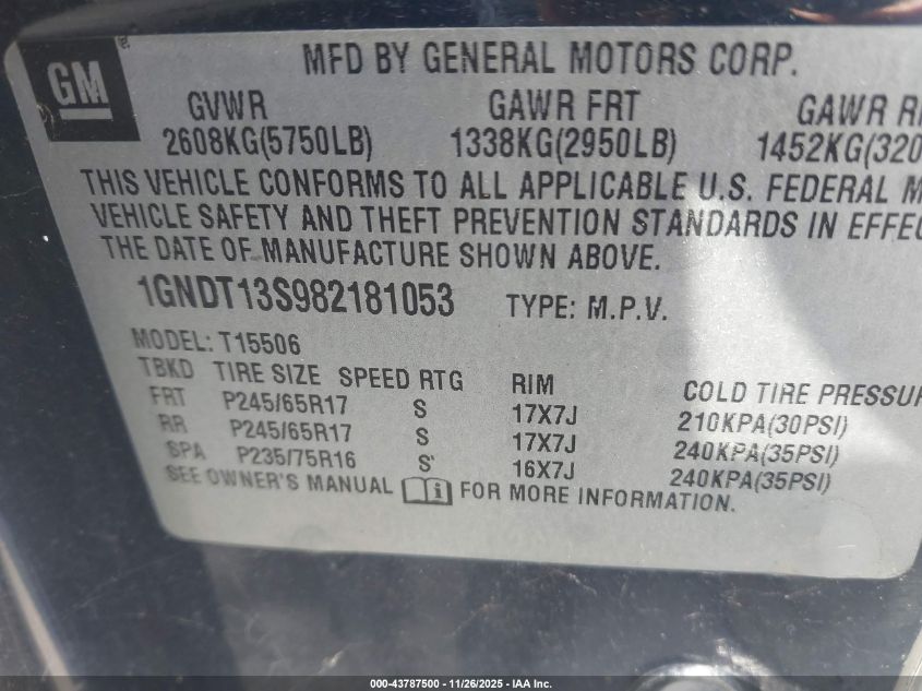 2008 Chevrolet Trailblazer Lt VIN: 1GNDT13S982181053 Lot: 43787500