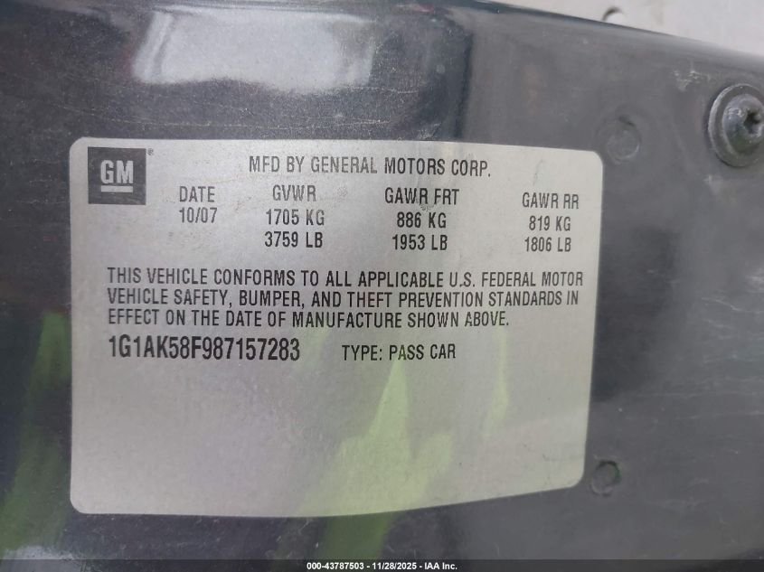 2008 Chevrolet Cobalt Ls VIN: 1G1AK58F987157283 Lot: 43787503