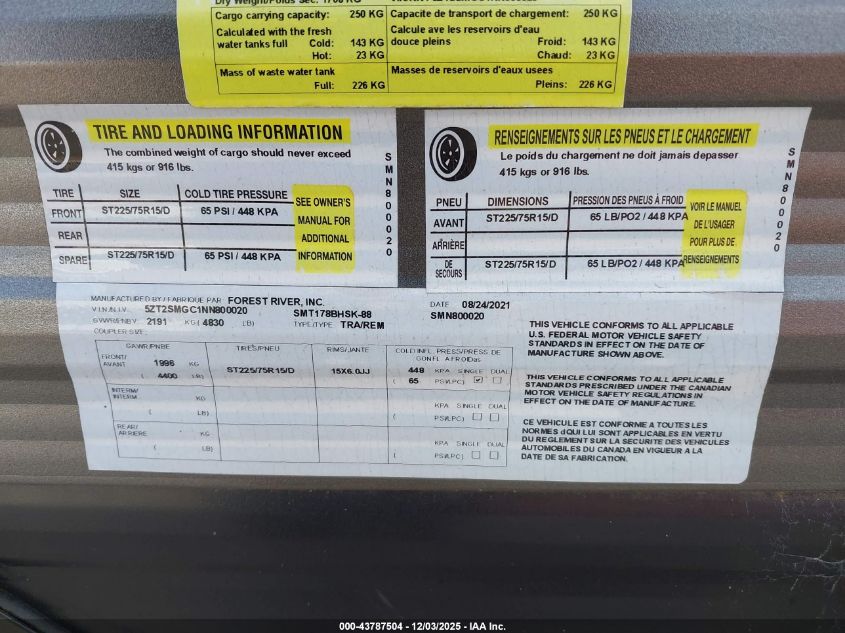 2022 Salem Fsx VIN: 5ZT2SMGC1NN800020 Lot: 43787504