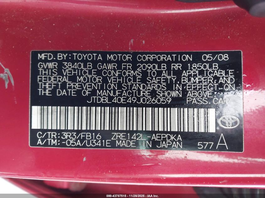 2009 Toyota Corolla Le VIN: JTDBL40E49J026059 Lot: 43787515