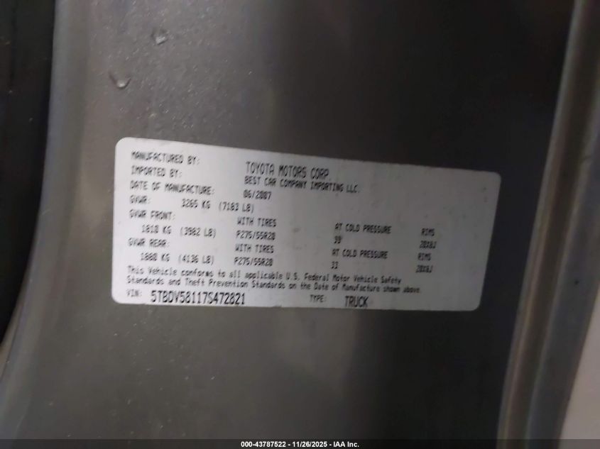 2007 Toyota Tundra Limited 5.7L V8 VIN: 5TBDV58117S472821 Lot: 43787522