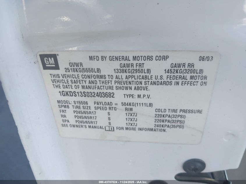 2003 GMC Envoy Sle VIN: 1GKDS13S032403682 Lot: 43787524