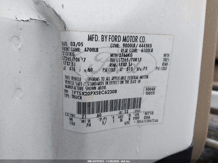 2005 Ford F-250 Lariat/Xl/Xlt VIN: 1FTSX20PX5EC62308 Lot: 43787533