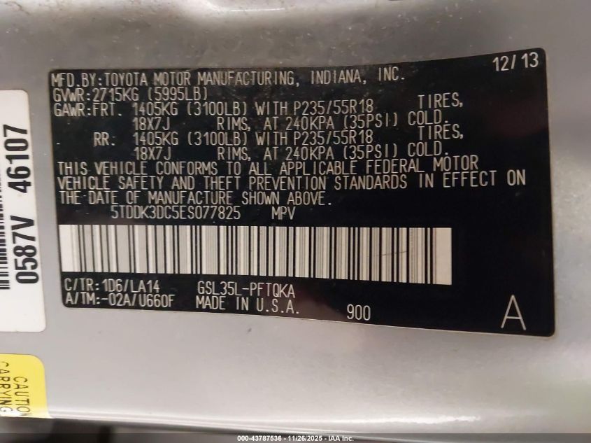 2014 Toyota Sienna Limited 7 Passenger VIN: 5TDDK3DC5ES077825 Lot: 43787536