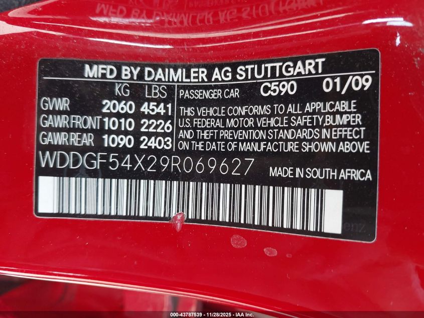 2009 Mercedes-Benz C 300 Sport VIN: WDDGF54X29R069627 Lot: 43787539