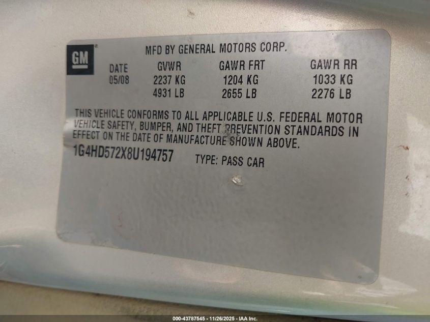 2008 Buick Lucerne Cxl VIN: 1G4HD572X8U194757 Lot: 43787545