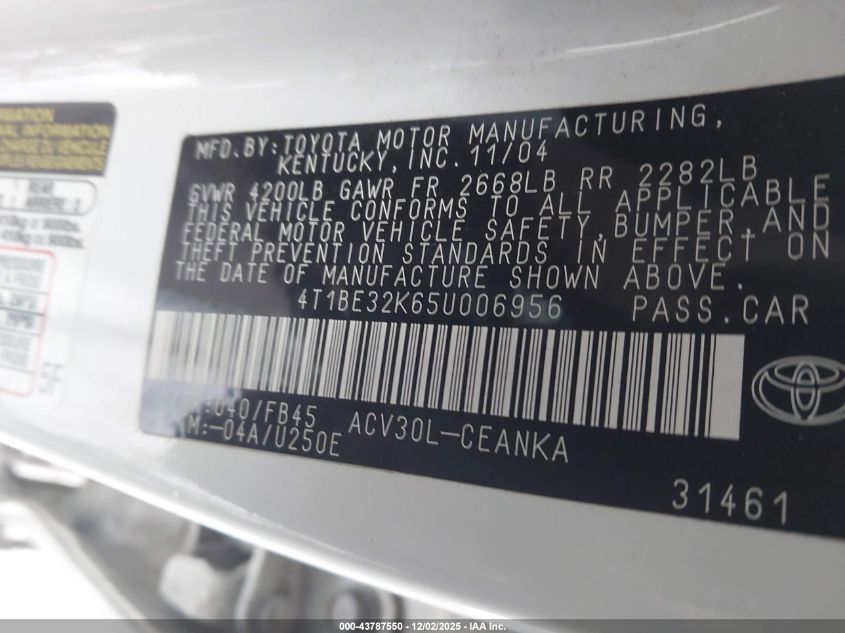 2005 Toyota Camry Le/Xle/Se VIN: 4T1BE32K65U006956 Lot: 43787550