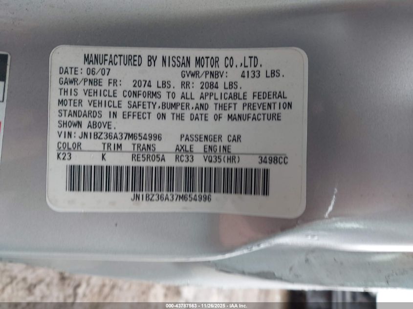 2007 Nissan 350Z Touring VIN: JN1BZ36A37M654996 Lot: 43787563