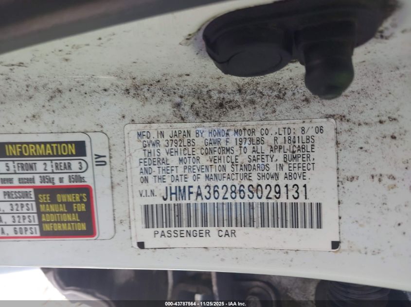 2006 Honda Civic Hybrid VIN: JHMFA36286S029131 Lot: 43787564
