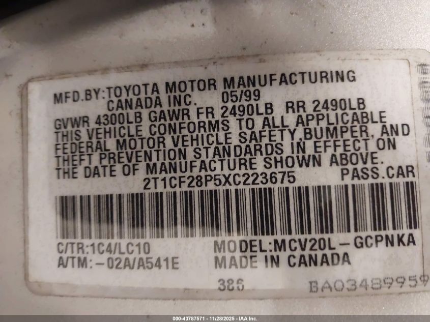 1999 Toyota Camry Solara Se/Sle VIN: 2T1CF28P5XC223675 Lot: 43787571