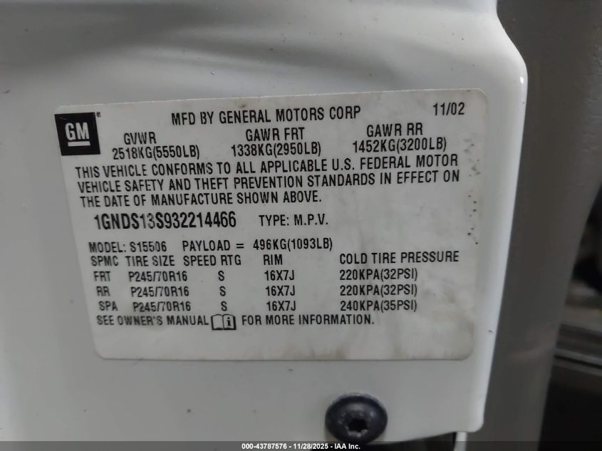 2003 Chevrolet Trailblazer Lt VIN: 1GNDS13S932214466 Lot: 43787576