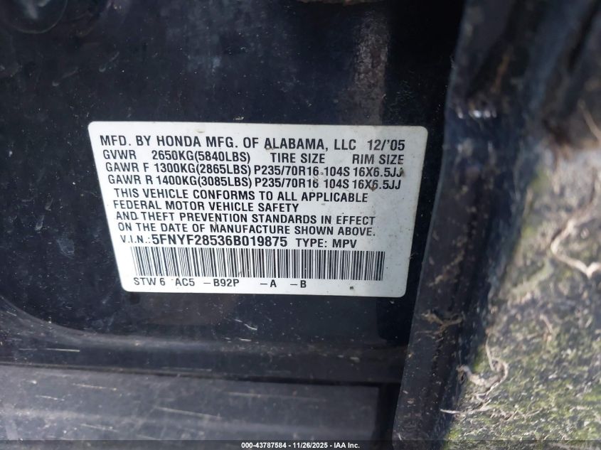 2006 Honda Pilot Ex-L VIN: 5FNYF28536B019875 Lot: 43787584