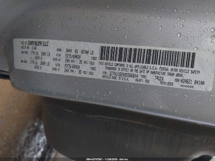 2008 Dodge Ram 1500 Slt VIN: 1D7HU182X8S566644 Lot: 43787587