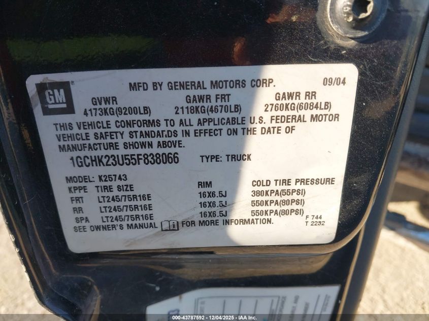 2005 Chevrolet Silverado 2500Hd Ls VIN: 1GCHK23U55F838066 Lot: 43787592