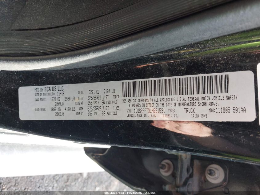 2020 Ram 1500 Big Horn 4X4 5'7 Box VIN: 1C6SRFFT3LN221531 Lot: 43787593