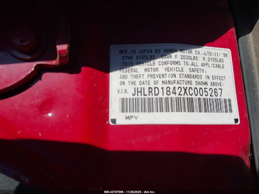 1999 Honda Cr-V Lx VIN: JHLRD1842XC005267 Lot: 43787596
